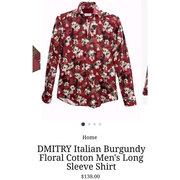 Dmitry Ties Mens Italian Burgundy Floral Button Down Long Sleeve Shirt MSRP $138 - Picture 1 of 13